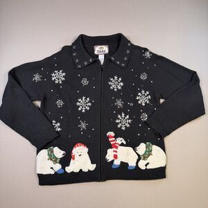 Vintage Tiara International Christmas Sweater Polar Bears Zip Cardigan Large